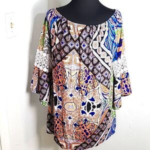 WinWin Colorful Tunic Top with Pinwheel Sleeves & Embroidered Accents, Size L/XL
